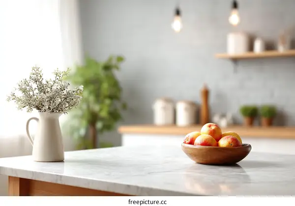 Stylish Kitchen Countertop with Fruits and Flowers