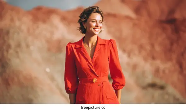 Stylish Woman in Red Dress Outdoors