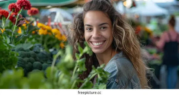 Portrait of a young woman smiling at a farmer's market