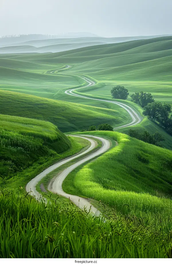 Curvy Country Road Through Rolling Green Hills