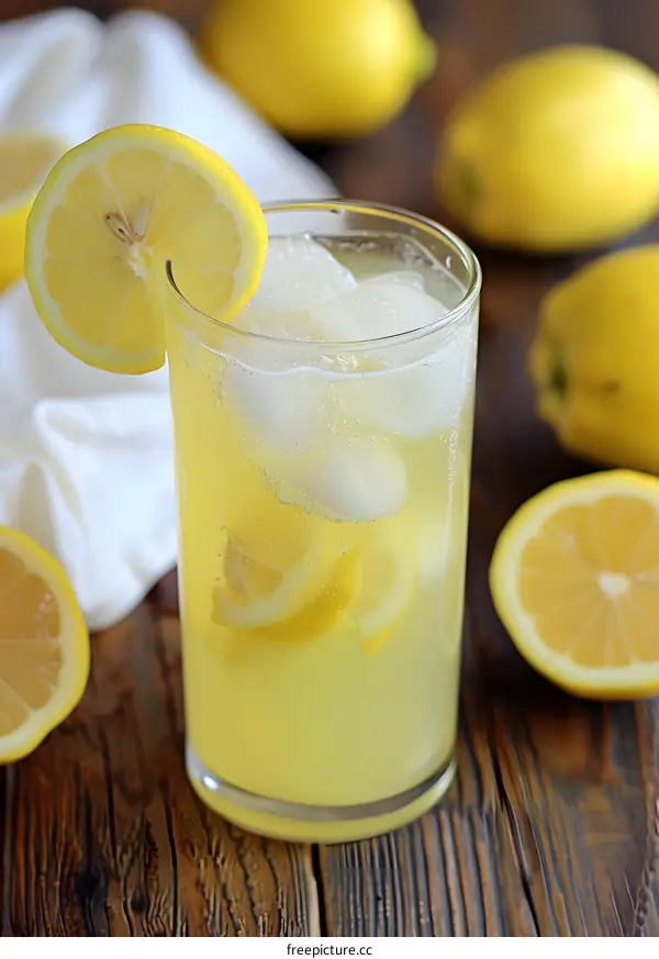 Glass of Refreshing Lemonade with Lemon Slices and Ice Cubes on Wooden Table