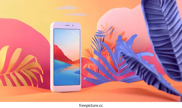 Minimalist Phone Mockup with Tropical Leaves and Sunset Wallpaper