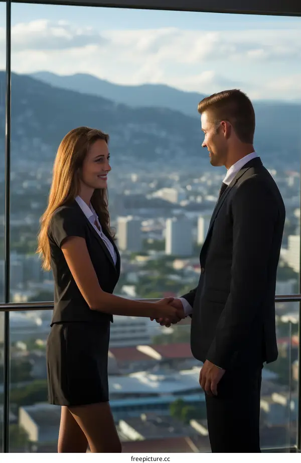 Business handshake between a man and a woman in formal suits with a cityscape in the background