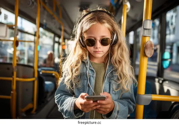 Girl using smartphone on a public bus