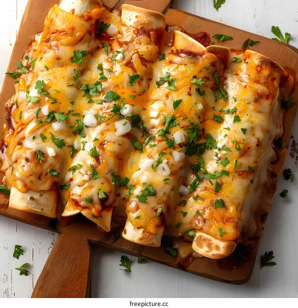 A plate of enchiladas topped with cheese and parsley