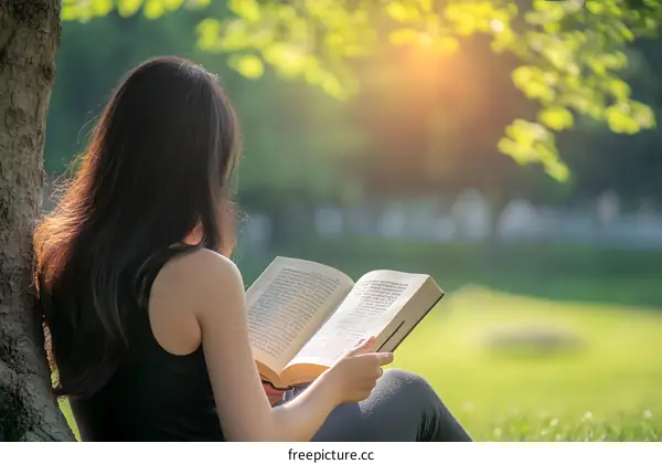 Woman Reading Book in the Park with Sunlight
