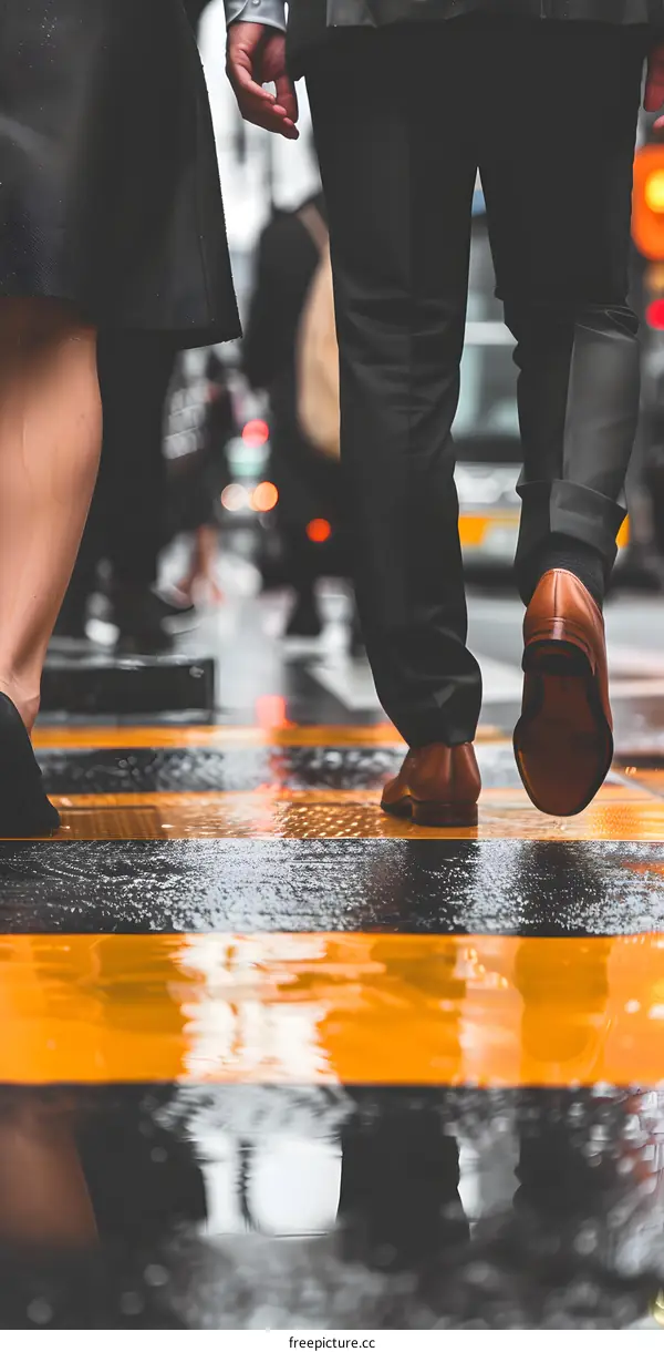 Couple Walking on Wet Crosswalk in City