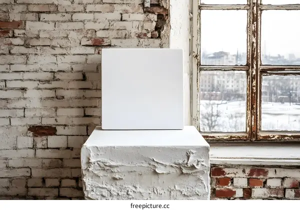 White Canvas Mockup On Brick Wall Background With Window View
