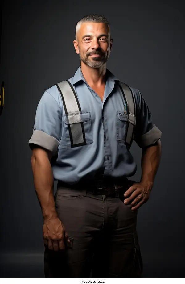 Portrait of a male construction worker wearing a blue uniform and safety vest