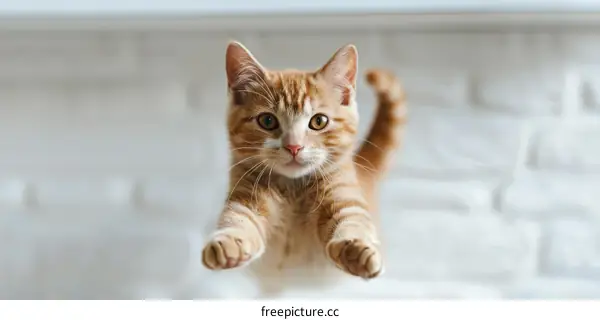 A ginger cat is jumping in the air with its paws outstretched