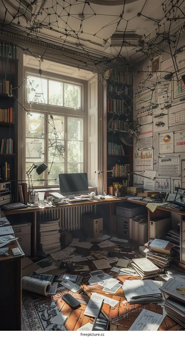 A messy office with a computer, books, and papers everywhere
