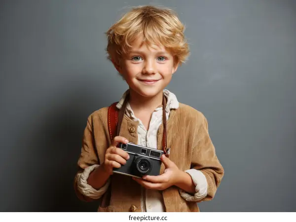 Smiling Boy Holding Vintage Camera Portrait