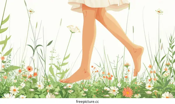 A barefoot girl walking through a field of flowers