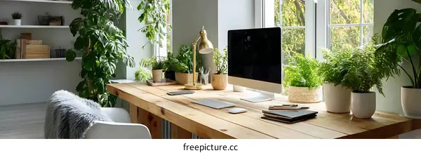 Cozy Home Office with Plants and Natural Light