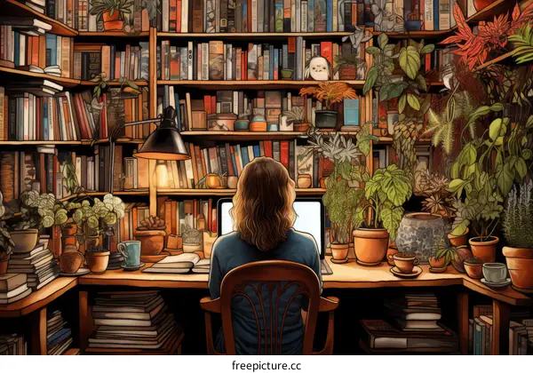 An illustration of a woman sitting at a desk in a library.