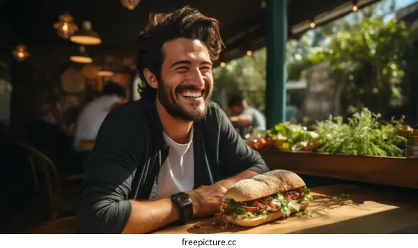 A man is eating a sandwich and smiling