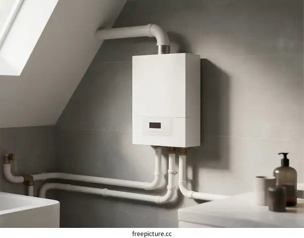Wall-mounted Gas Boiler in Modern Bathroom with Pipes