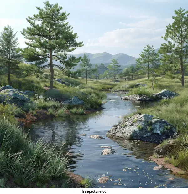 Stones and Trees by the River in the Mountains