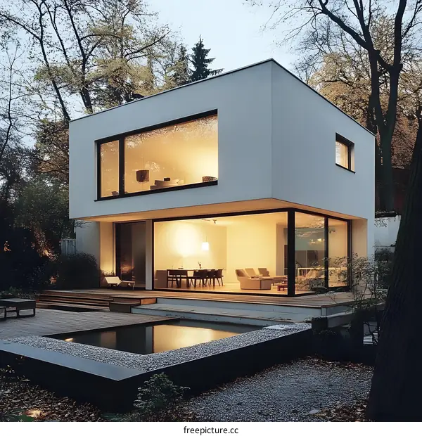 Modern White House with Large Windows and a Pool in the Backyard
