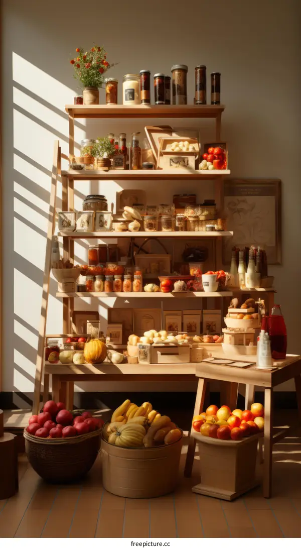 Well-organized various food items on wooden shelves in a grocery store