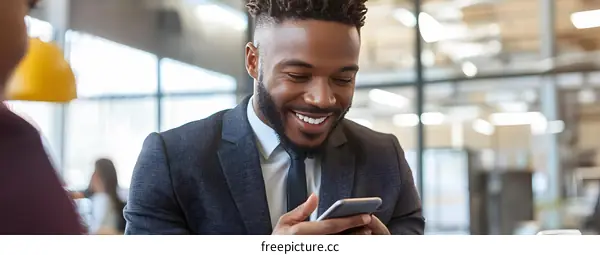 Smiling Businessman Using Smartphone In Office