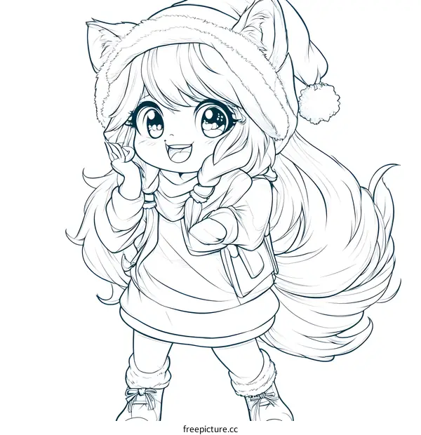 Cute Anime Girl Character Wearing Winter Outfit with Cat Ears Hat