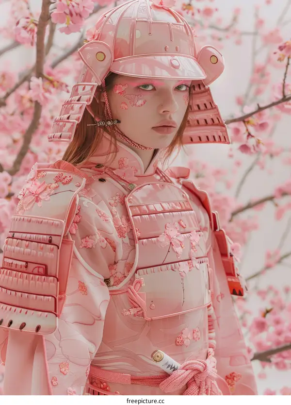 Fantasy Portrait: Young Woman in Pink Samurai Armor and Cherry Blossoms