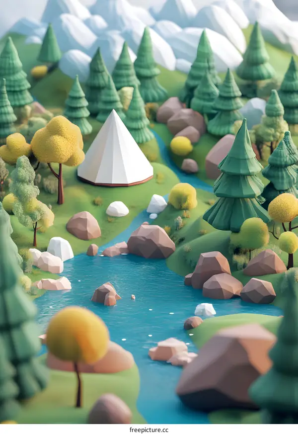 Low Poly Forest Landscape with Tent and River