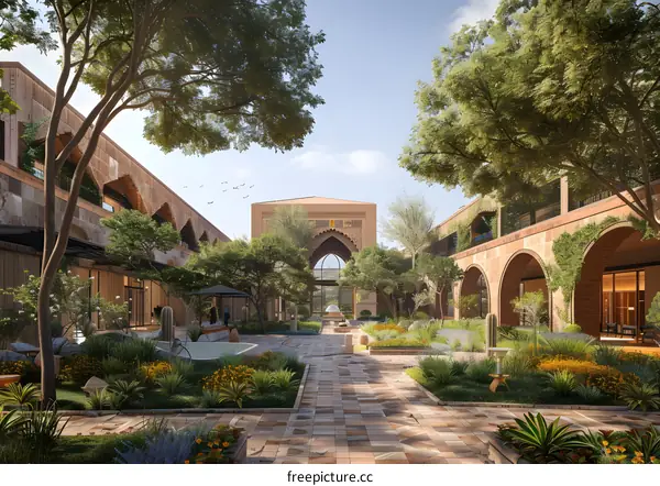 Middle Eastern Architecture Courtyard with Stone Archways and Lush Greenery