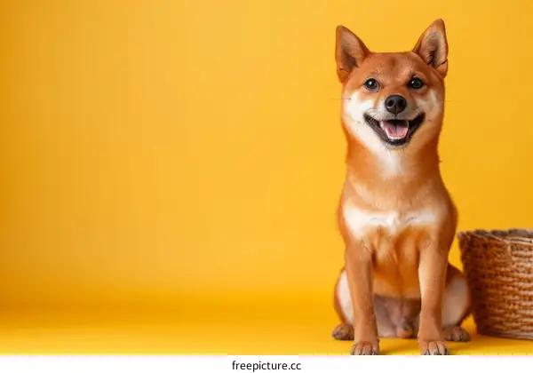 Studio shot of a happy Shiba Inu dog sitting next to a basket