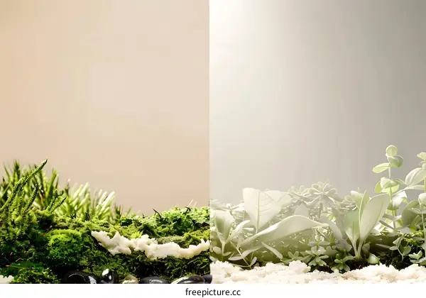 Green Plants with White Sand and Stones