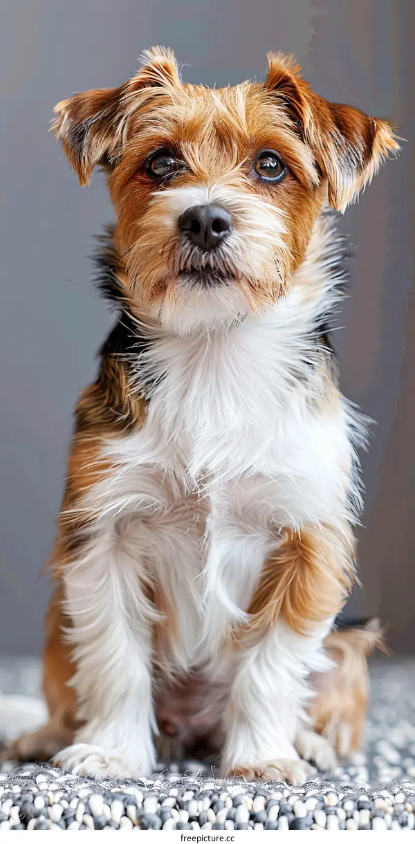A cute Yorkshire Terrier dog is sitting on a carpet and looking at the camera