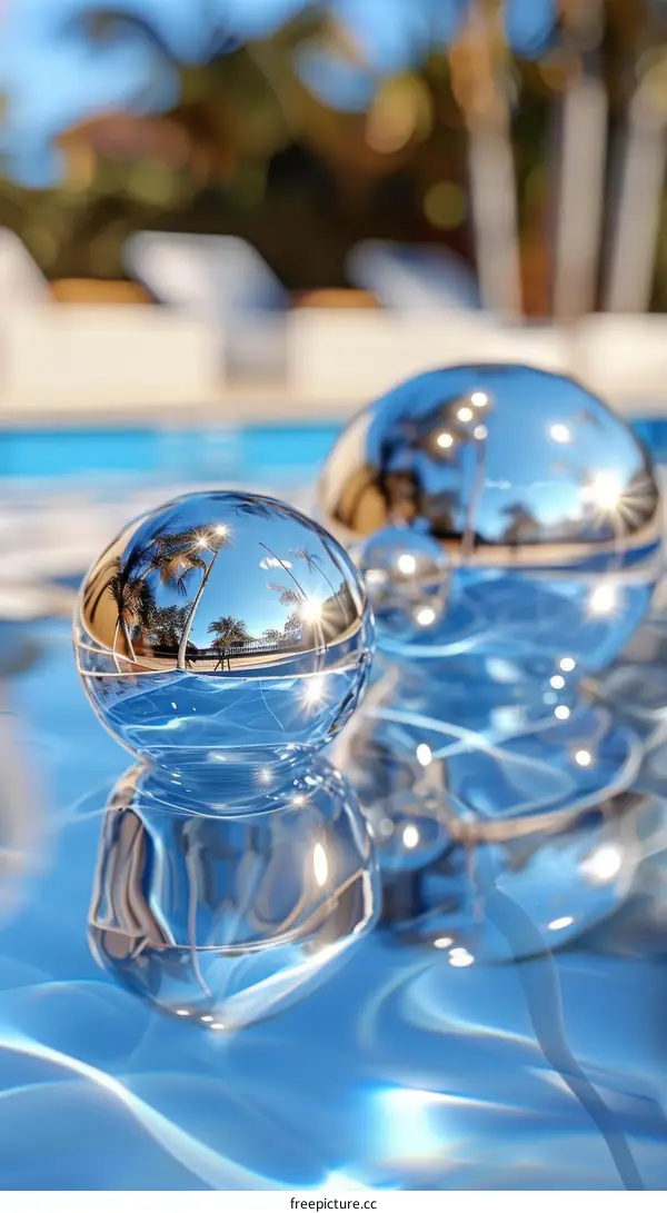 Two reflective spheres with a blurred background of palm trees and blue sky