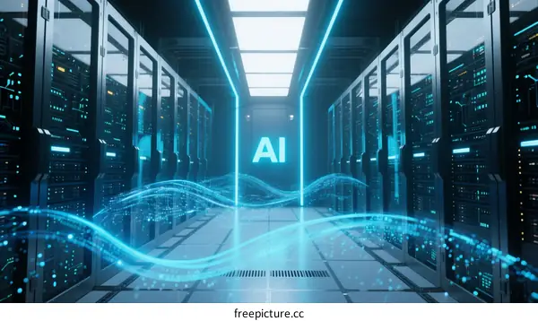 Modern Data Center with AI Technology and Digital Waves