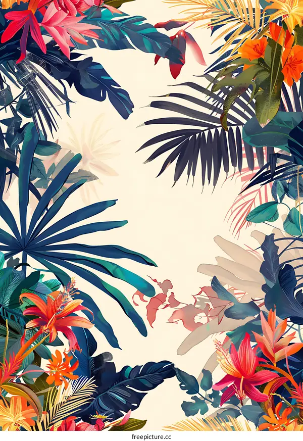 Tropical Leaves and Flowers Illustration with White Background