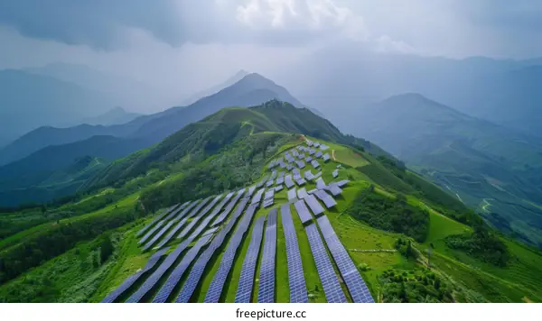 Aerial view of a large solar farm in the mountains.