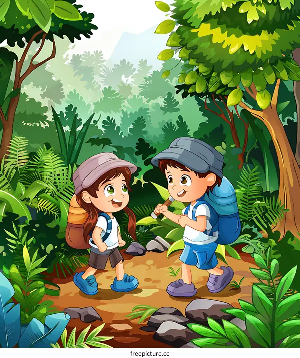 Two Kids Hiking in the Jungle