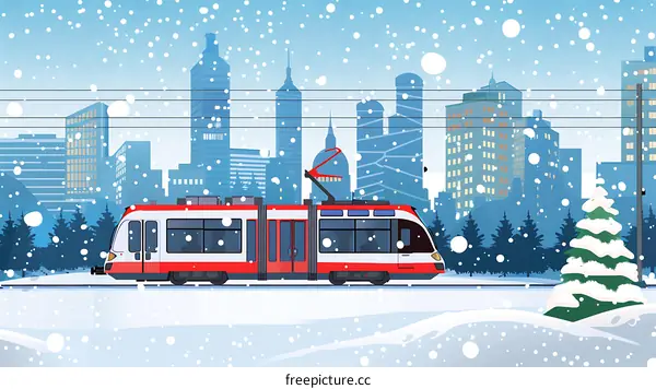 Snowing Winter Cityscape With Red Tram