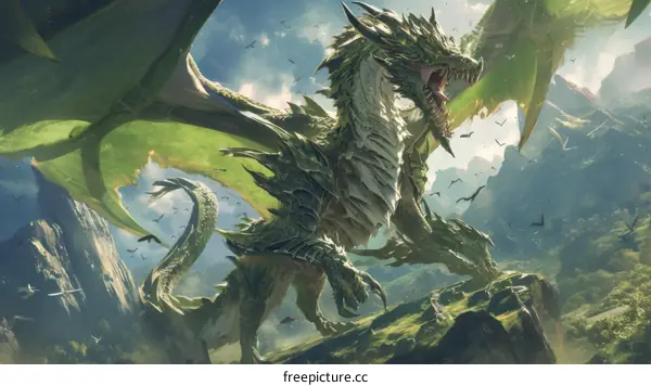 A green dragon roars in the mountains