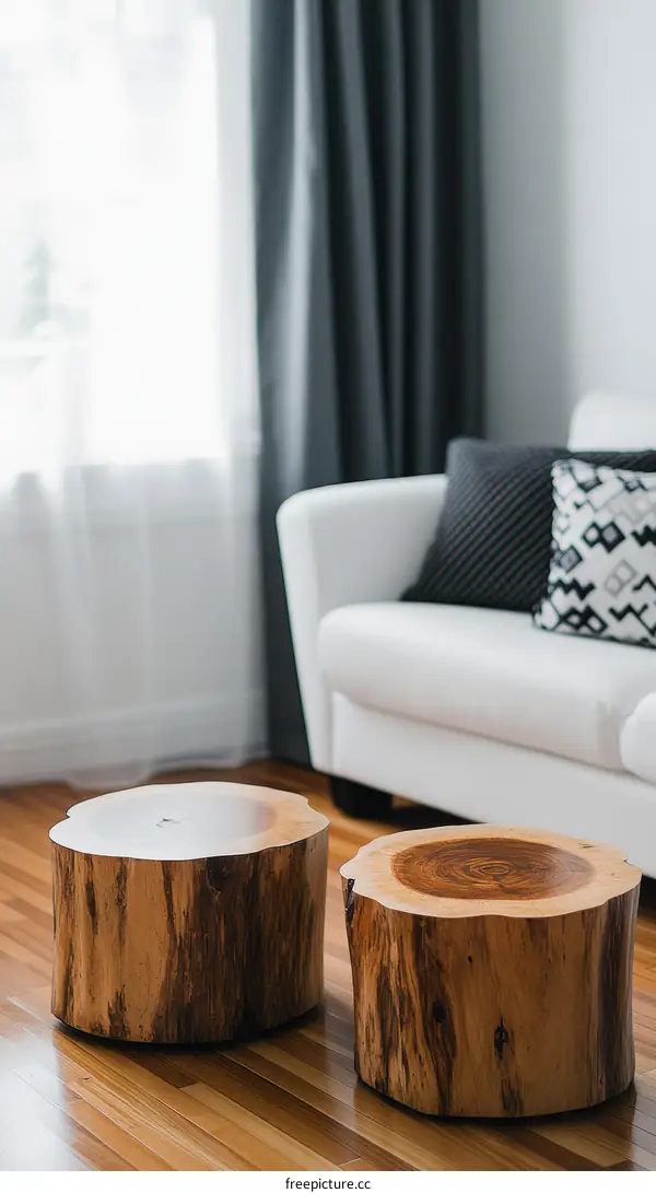 Two Wooden Stump Coffee Tables in a Modern Living Room