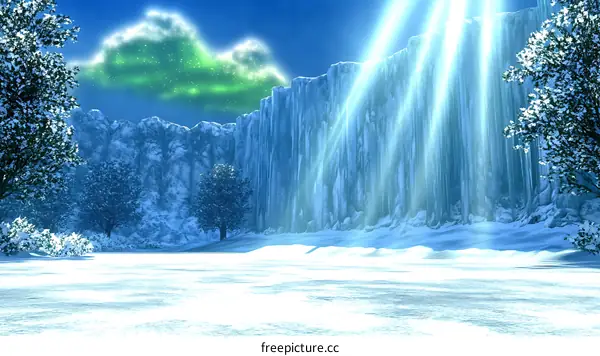 Winter Landscape with Ice Wall and Aurora Borealis