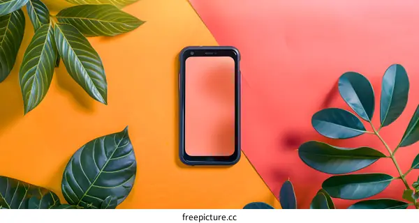 Smartphone with Green Leaves on Orange and Pink Background
