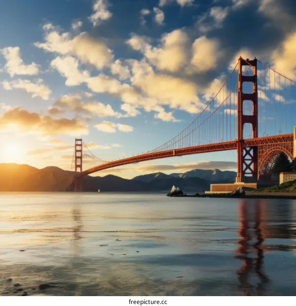 Golden Gate Bridge at sunset with a clear sky and calm water