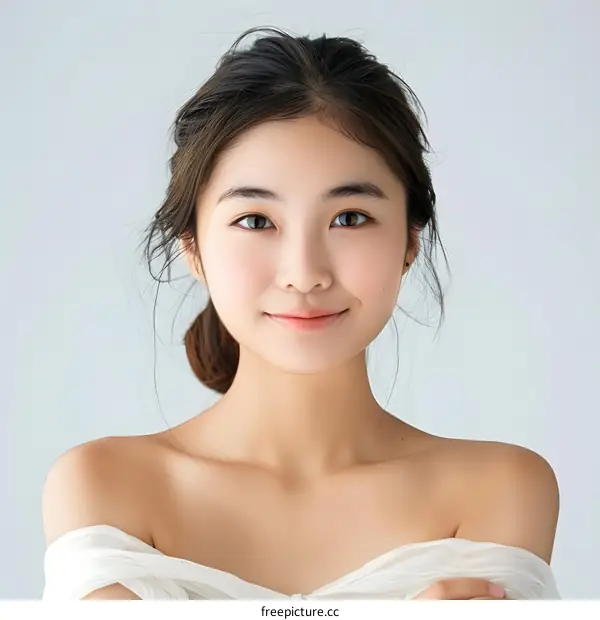 Portrait of a Beautiful Young Asian Woman with Long Dark Hair Wearing a White Blouse