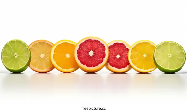 Various citrus fruits including lime, orange, and grapefruit