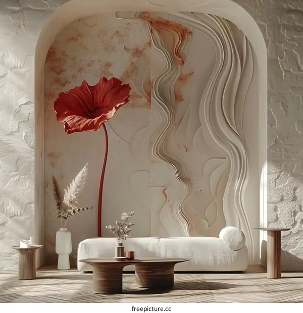 Abstract Flower Interior Design with White Sofa and Wooden Tables