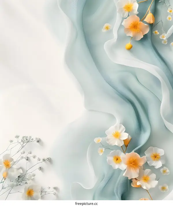 White and Yellow Flowers on Green Fabric with White Background