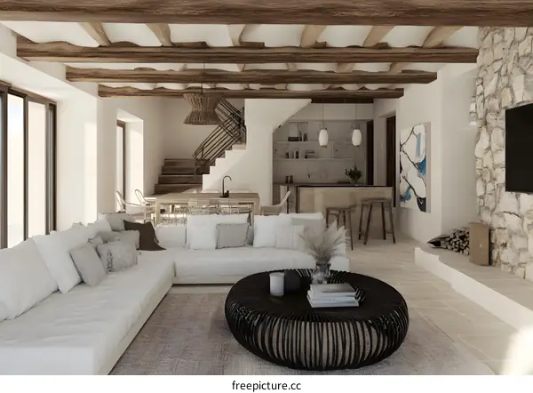 Modern Minimalist Living Room Interior Design With White Sofa And Black Coffee Table