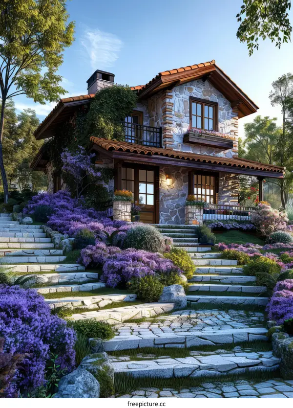 Stone cottage in a lavender field