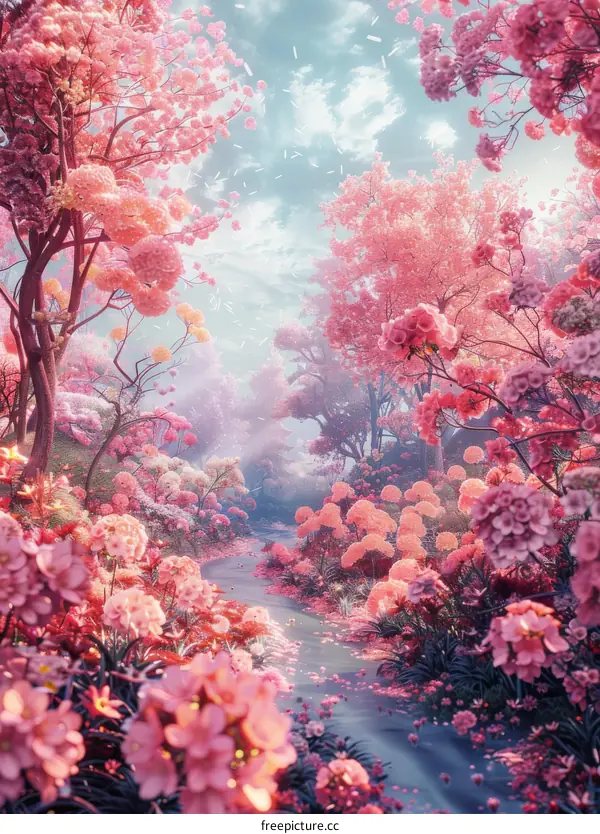 Pink Flowers and Trees in an Enchanted Forest
